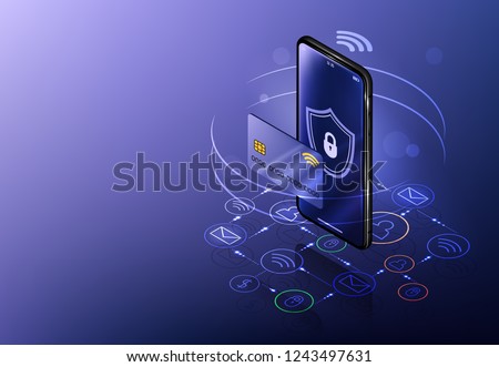 Internet banking concept. Isometric mobile phone banner. Online payment, security transaction via credit card. Wireless pay through phone. Digital technology transfer pay.
