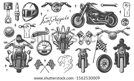 Motorcycle chopper, front and side, motorcycle driver, monochrome icon set with objects and attributes of motorbike, vector illustration. Racing helmet, piston, spark plug, wheel, headlamp, flag.