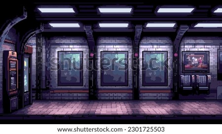 pixel art game level background, 8 bit, subway, underground arcade video game, train station, dark scene, vector illustration