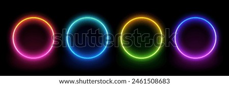 Neon circle frame. Illuminate frame design. Set of round neon border. Futuristic graphic element for social media stories. Glowing neon lighting on dark background. Blue, pink, purple, violet. Vector