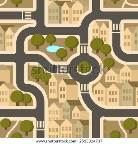 Children's seamless pattern with roads and houses, cover for kids, city in beige tones, trees, streets, houses, sidewalks, vector illustration.