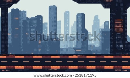 pixel art racing game level background, pixel retro design, 8 bit image, 2d racing track, road with futuristic city in the background, sci-fi, cityscape, race arcade vector illustration