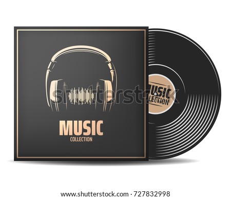 Realistic vinyl record with cover mockup. typography with headphones and sound wave. Music collection. Front view. Vector illustration. Place your design