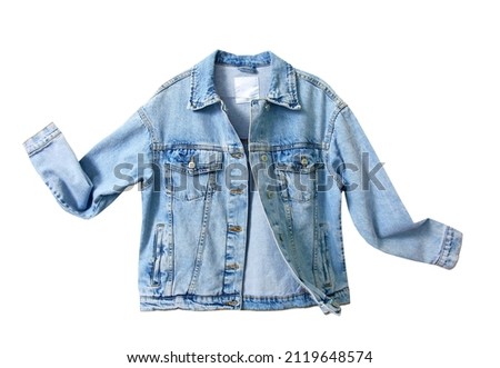 Blue denim jacket, jean coat isolated.Fashion teenager clothing. Women's men's sportwear studio shot. Moving clothes. Foto stock © 