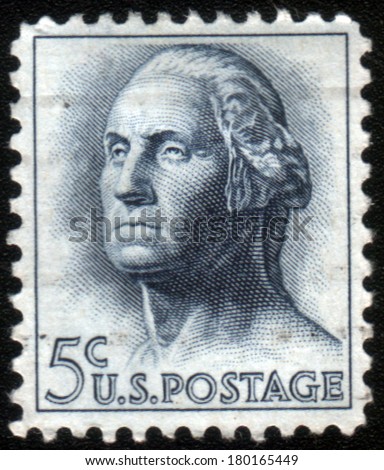 UNITED STATES - CIRCA 1950: A 5 cents postage stamp printed in the United States features portrait of George Washington, the first President of the United States, circa 1950