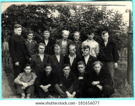 USSR  - CIRCA 1930s: An antique photo shows Group portrait of young people