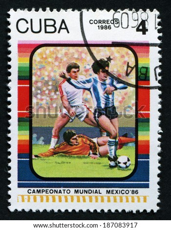CUBA - CIRCA 1986: A stamp printed by CUBA shows football players. World football cup in Mexico, series, circa 1986