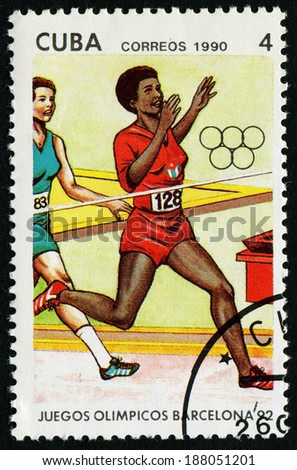 CUBA- CIRCA 1990: A stamp printed by CUBA shows the running. BARCELONA OLYMPIC GAMES 92 series, circa 1990