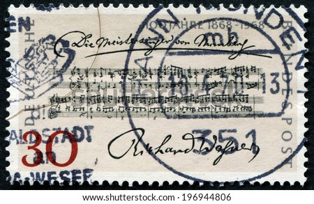 GERMANY - CIRCA 1968: A stamp printed in German Federal Republic issued for the Centenary of 1st Performance of Richard Wagner\'s Opera \