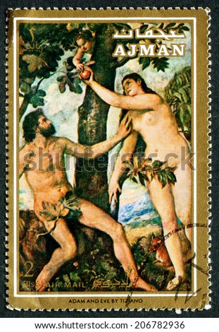 AJMAN CIRCA 1971 - A stamp printed in Ajman shows Adam and Eve, The Fall, Painting by Raphael Sanzio da Urbino