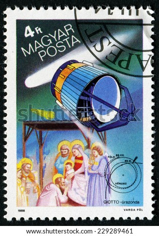 HUNGARY - CIRCA 1986: stamp printed by Hungary, shows Halley's Comet, European Space Agency Giotto, The Three Magi, tapestry by Giotto, circa 1986