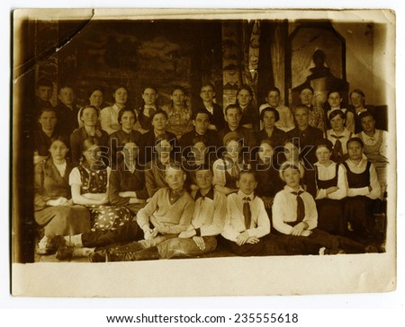 Ussr - CIRCA 1960s: An antique Black & White photo show Group portrait of the school
