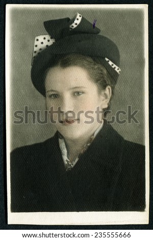 Ussr - CIRCA 1980s: An antique Black & White photo show The lady in the hat