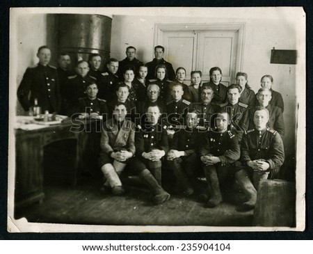 Ussr - CIRCA 1960s: An antique Black & White photo show group portrait of officers