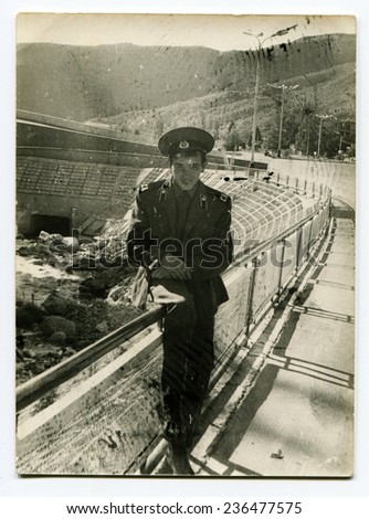 Ussr - CIRCA 1950s: An antique Black & White photo show soldiers on the bridge