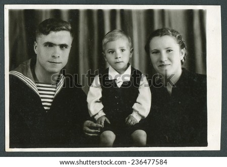 Ussr - CIRCA 1970s: An antique Black & White photo show family portrait