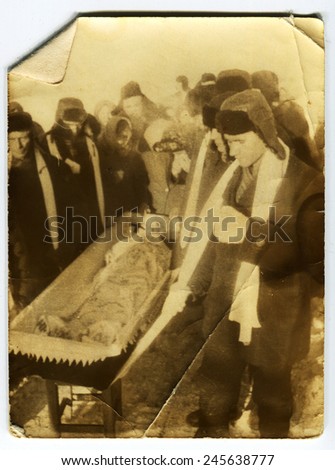 Ussr - CIRCA 1970s: An antique Black & White photo shows funeral