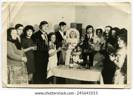 Ussr - CIRCA 1980s: An antique Black & White photo show wedding feast