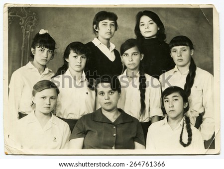 Ussr - CIRCA 1970s: An antique Black & White photo show group of schoolgirls