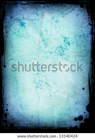 Black ink frame on blue washed handmade paper
