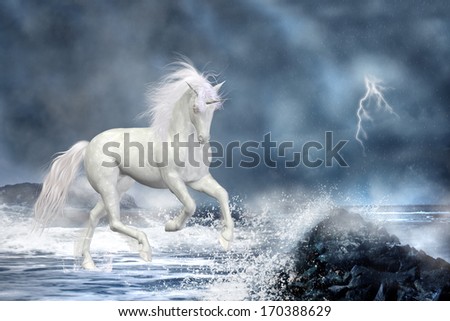 White Unicorn - A white Unicorn wading in the water! The sea is very rough and a storm is approaching