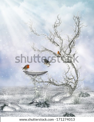 Winter Feeling - A cute winter landscape with birds in a fountain and a bush! It snows easy.