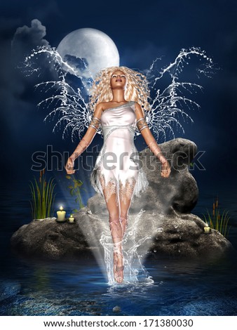 Water Angel - A beautiful water angel on the sea! Candles on a rock to light the surrounding area.