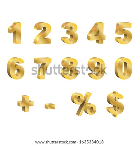 Set of golden 3d vector numbers. One, two, three, four, five, six, seven, eight, nine, zero, dollar, percentage, addition. Isolated 3D letters, on a white background, editable, symbol of discount