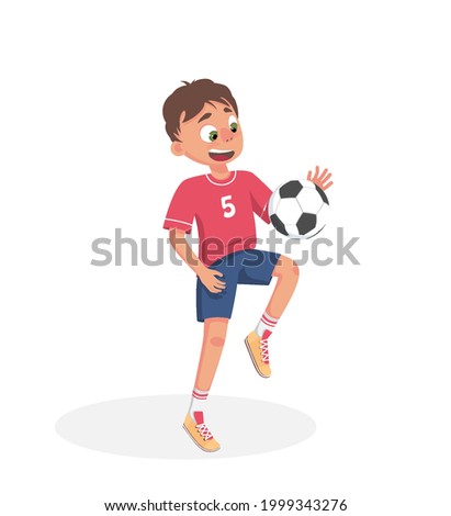 little boy is a soccer player. The teenager plays with a soccer ball, kicks. Vector isolated stock illustration in cartoon style on white background