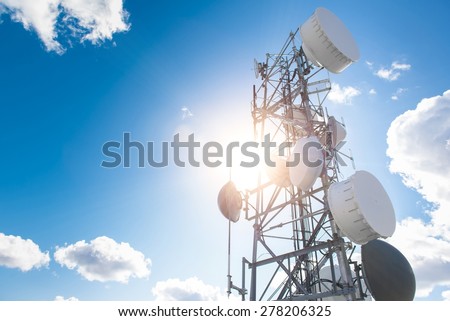 Cellular Tower in the Sun. Cellular Tower Equipment Closeup. Mobile Phone Technology