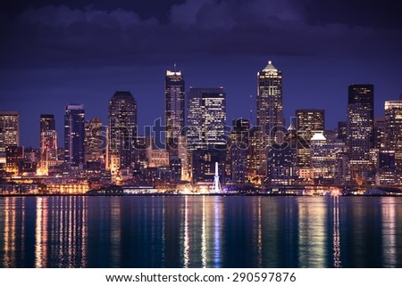 Seattle Skyline Illumination at Night. Seattle, United States.
