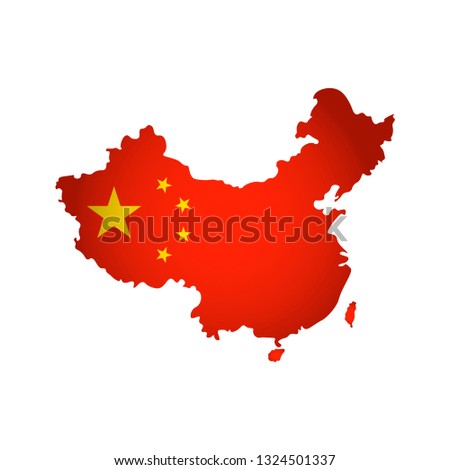 Vector isolated simplified illustration icon with silhouette of China map. National Chinese flag with stars (red, yellow colors). White background