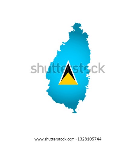 Vector isolated simplified illustration icon with silhouette of Saint Lucia map. National flag (blue, yellow, black, white colors). White background