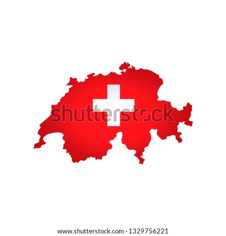 Vector isolated simplified illustration icon with silhouette of Switzerland map. National Swiss flag (red, white colors). White background