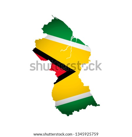 Vector isolated simplified illustration icon with silhouette of Guyana map. National Guyana flag (red, yellow, black, green colors). White background