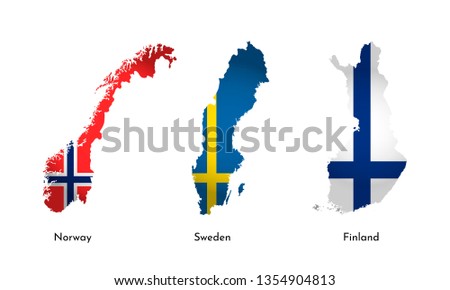 Vector isolated simplified illustration icons with silhouettes of Finland, Norway, Sweden maps. National flags. White background