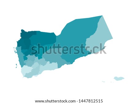 Vector isolated illustration of simplified administrative map of Yemen. Borders of the regions (governorates). Colorful blue khaki silhouettes.
