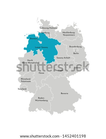 Vector isolated illustration of simplified administrative map of Germany. Blue silhouette of Lower Saxony (state). Grey silhouettes. White outline