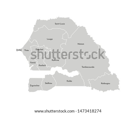 Vector isolated illustration of simplified administrative map of Senegal. Borders and names of the regions. Grey silhouettes. White outline