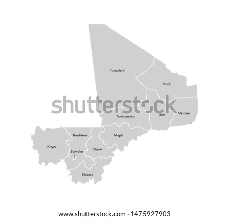 Vector isolated illustration of simplified administrative map of Mali. Borders and names of the regions. Grey silhouettes. White outline