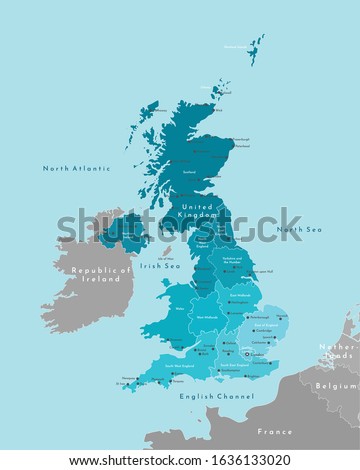 Vector modern illustration. Simplified geographical  map of United Kingdom of Great Britain and Northern Ireland (UK). Blue background of Irish sea, North Sea, North Atlantic. Names of cities, regions