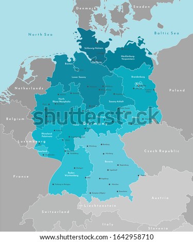 Vector modern illustration. Simplified geographical  map of Germany and nearest european states. Blue background of North and Baltic seas. Names of deutsch cities and provinces.