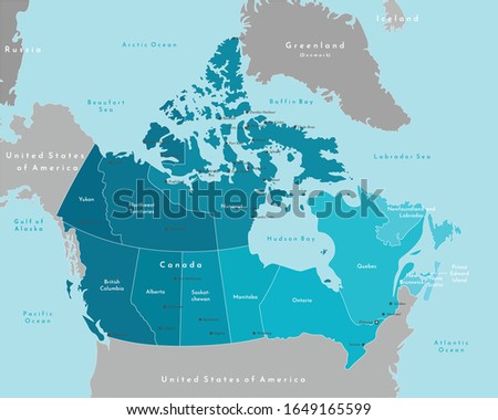 Vector modern illustration. Simplified geographical  map of Canada and nearest areas. Blue background of seas and oceans. Names of the cities (Ottawa, Toronto and etc.) and provinces