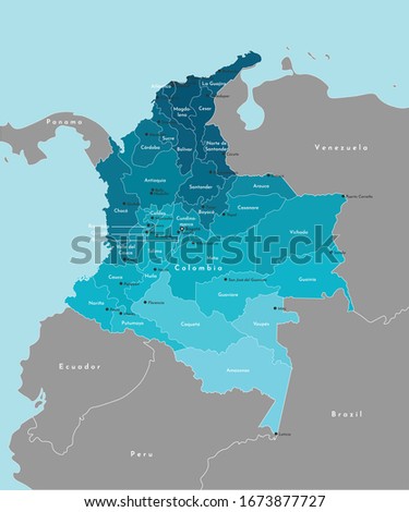 Vector illustration. Simplified administrative map of Colombia and border with neighboring countries. Blue background of Pacific Ocean and Caribbean Sea. Names of big cities and departments (regions)