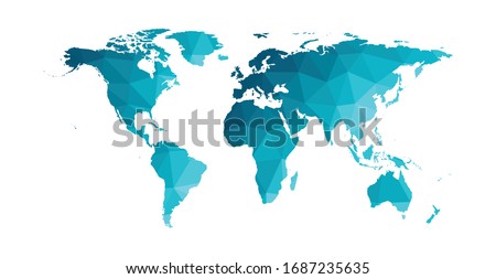Vector isolated simplified world map. Blue gradient silhouettes, white background. Low poly style. Continents of South and North America, Africa, Europe and Asia, Australia, Indonesian islands.