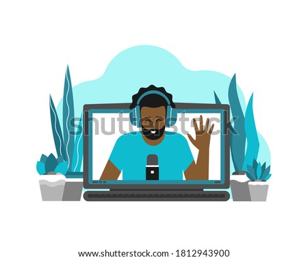 Vector flat concept with laptop and african american man (on screen) at home recording video on webcam. Remote work by bloggers, podcast hosts, teachers using online stream services in quarantine time