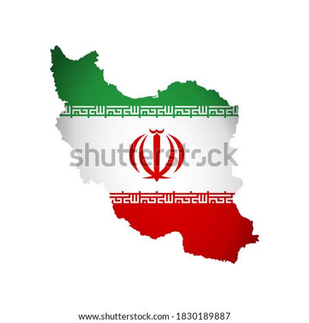 Vector isolated illustration with Iran national flag with shape of Islamic Republic of Iran map (simplified). Volume shadow on the map. White background