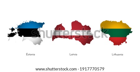 Vector illustration set with isolated silhouettes of Baltic States maps (simplified shapes). National flags of Lithuania, Latvia, Estonia. White background