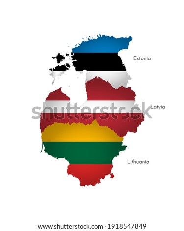 Vector illustration with isolated silhouettes of Baltic States on map (simplified shapes). National flags of Lithuania, Latvia, Estonia. White background and names of countries