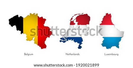 Vector illustration set with isolated silhouettes of Benelux Union maps (simplified shapes). National flags of Belgium, Netherlands, Luxembourg. White background and names of countries